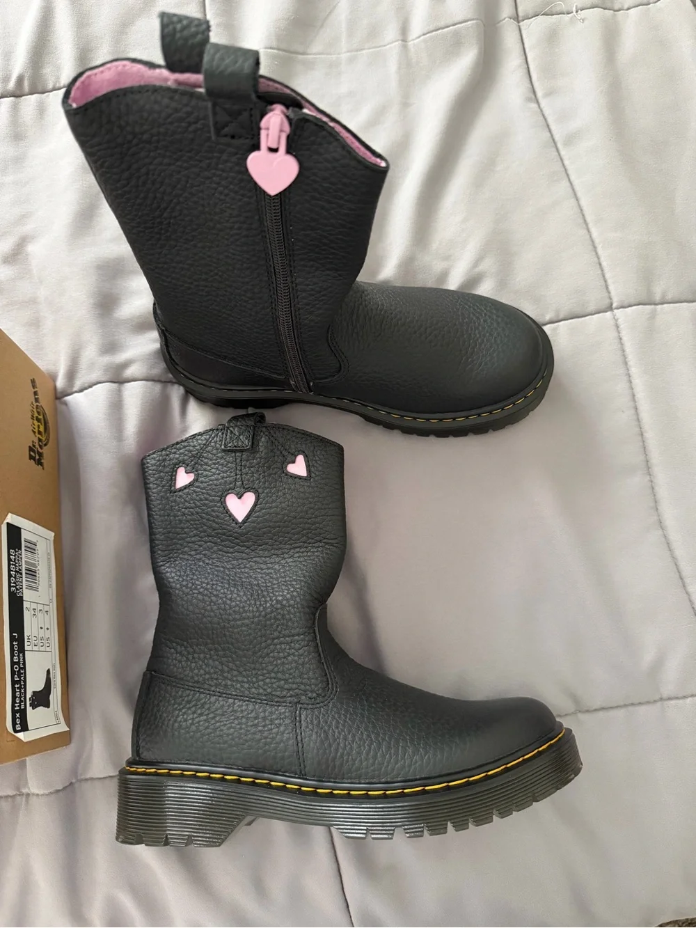 Dr. Martens Kids Black Leather Boots with Pink Heart Accents